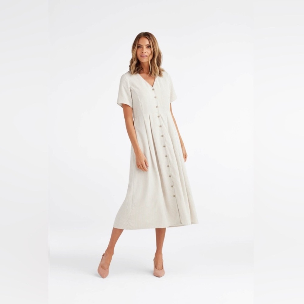 Vetta Button Up Midi Dress in Striped Taupe (XS)